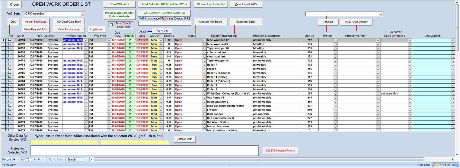 ZUD, MS Access CMMS app for Maintaining Equip, Inventory ,PM/Repair Work Orders