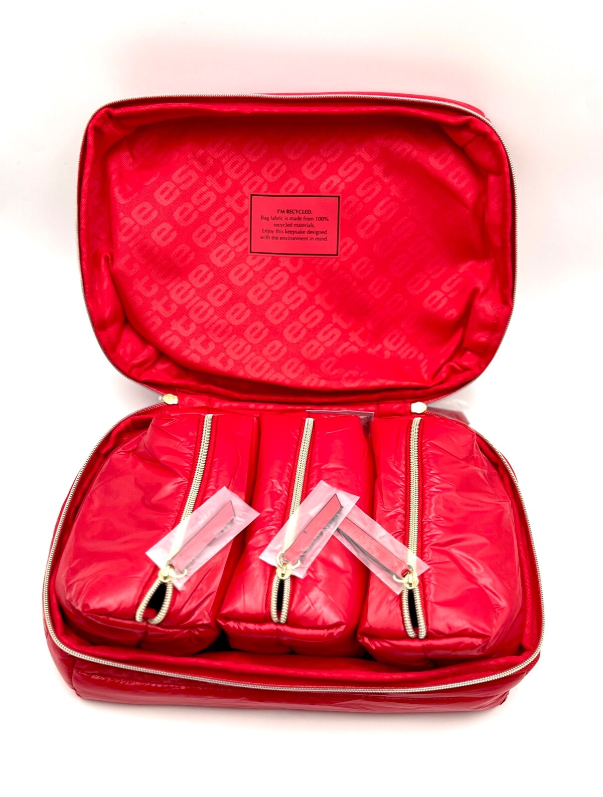 Estee Lauder Fluffy Train Case Bag + 3 Little Bags with Handle ~ Red
