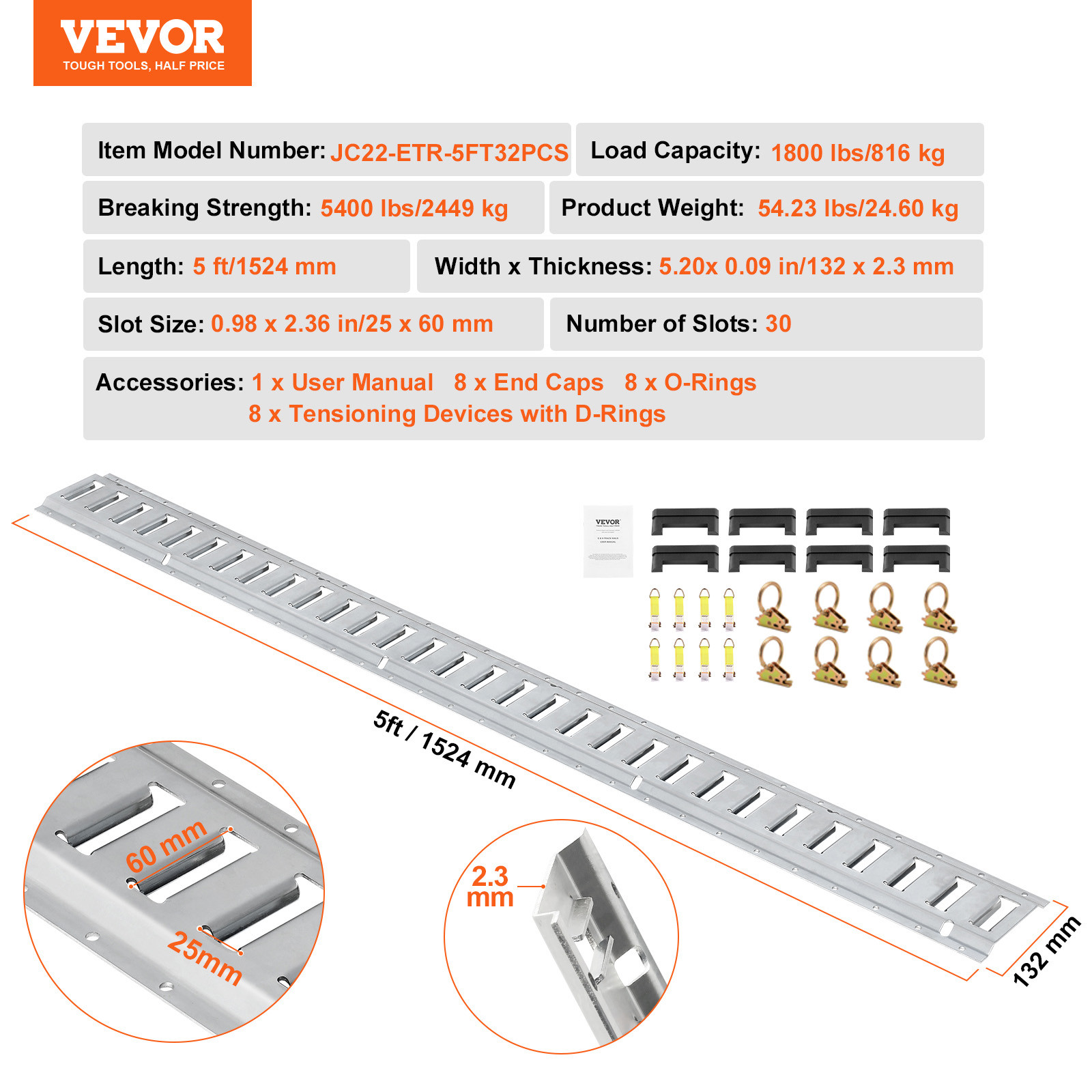 VEVOR E Track Tie Down Rail Kit E Track Rails 24PCS 5' Enclosed Cargo Trailer