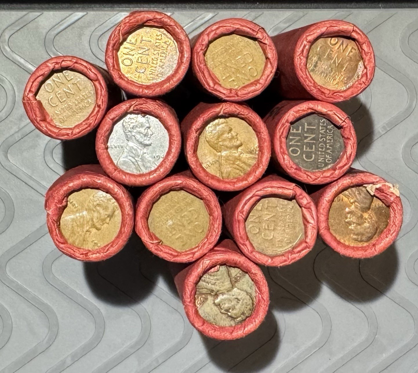 SEALED, UNSEARCHED, OBW (Old Bank Wrapper-RED) Wheat Cent Rolls, 1909-58 mixed