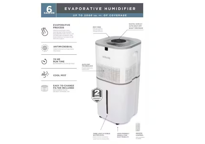 Vissani 6 Gal. Evaporative Humidifier for Whole House in White