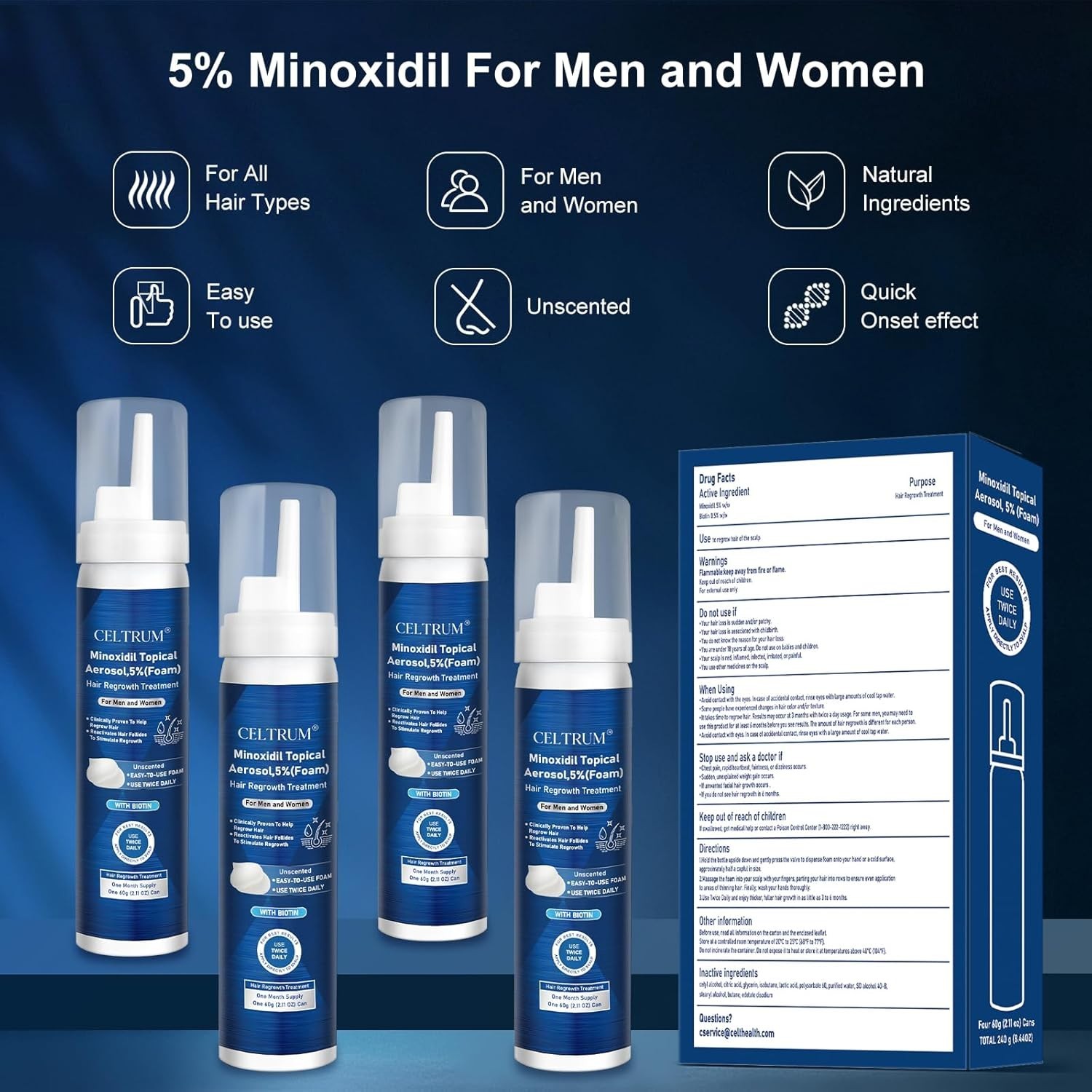 5% Topical Minoxidil Foam, Minoxidil for Men and Women, Infused with Biotin, Hai
