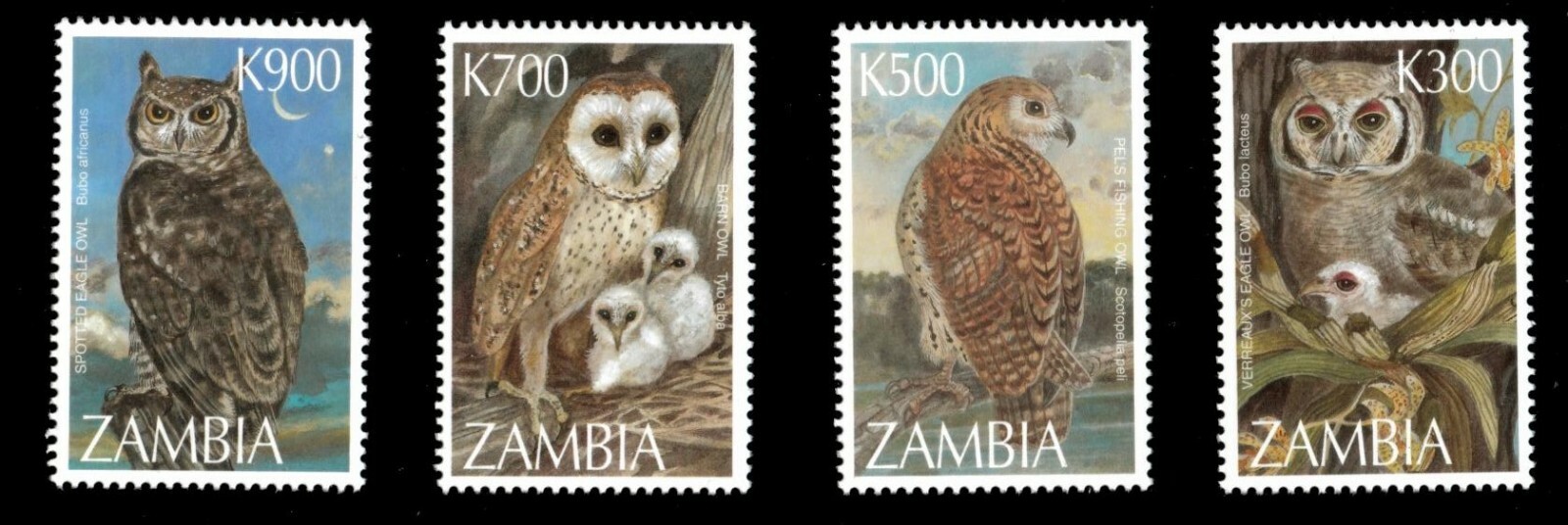 Zambia 1997 - Owls of Zambia - Birds - Set of 4 stamps - Scott #693-96 - MNH