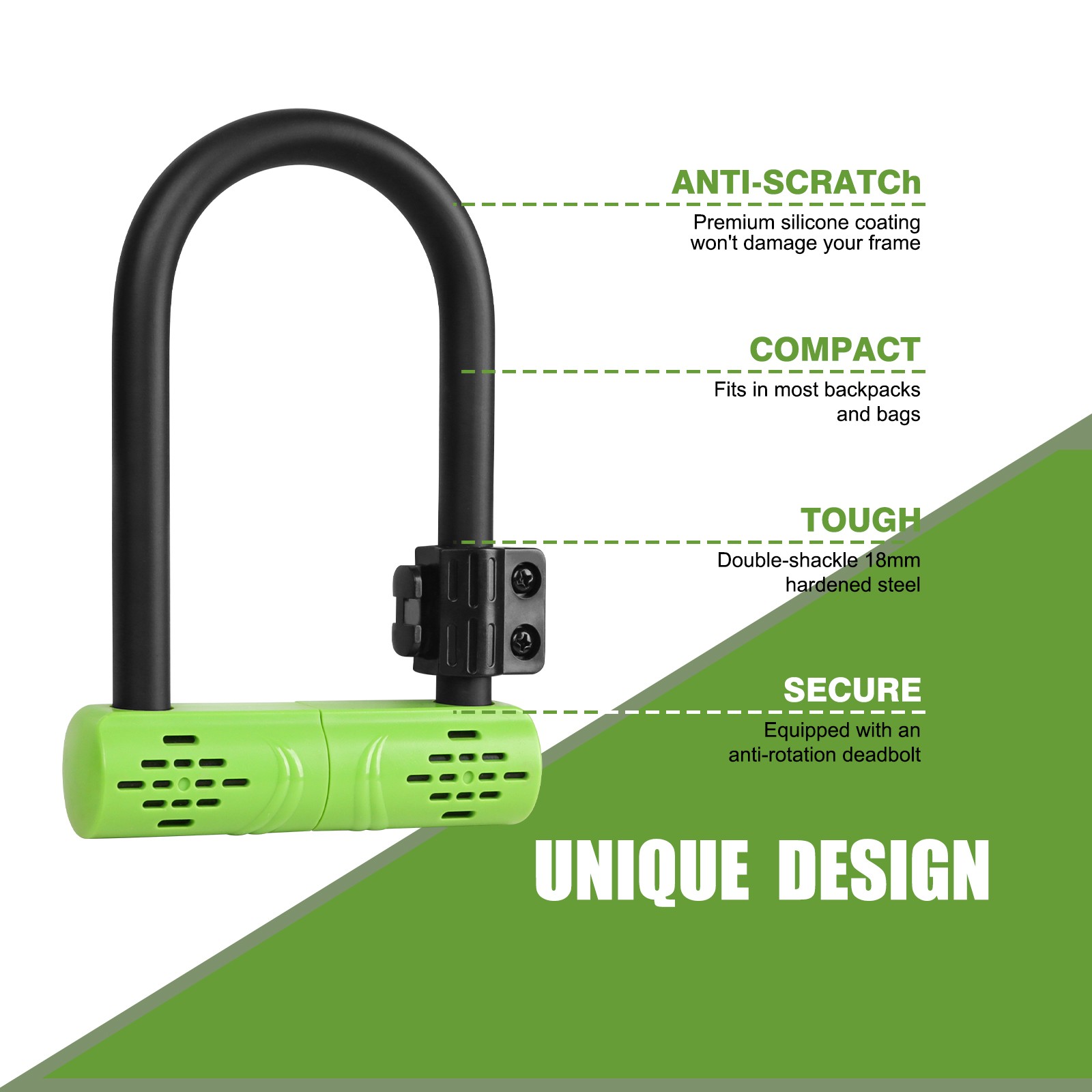 Heavy-Duty Bicycle U-lock Steel Bike Lock Anti Theft w/ lock frame Green Lock