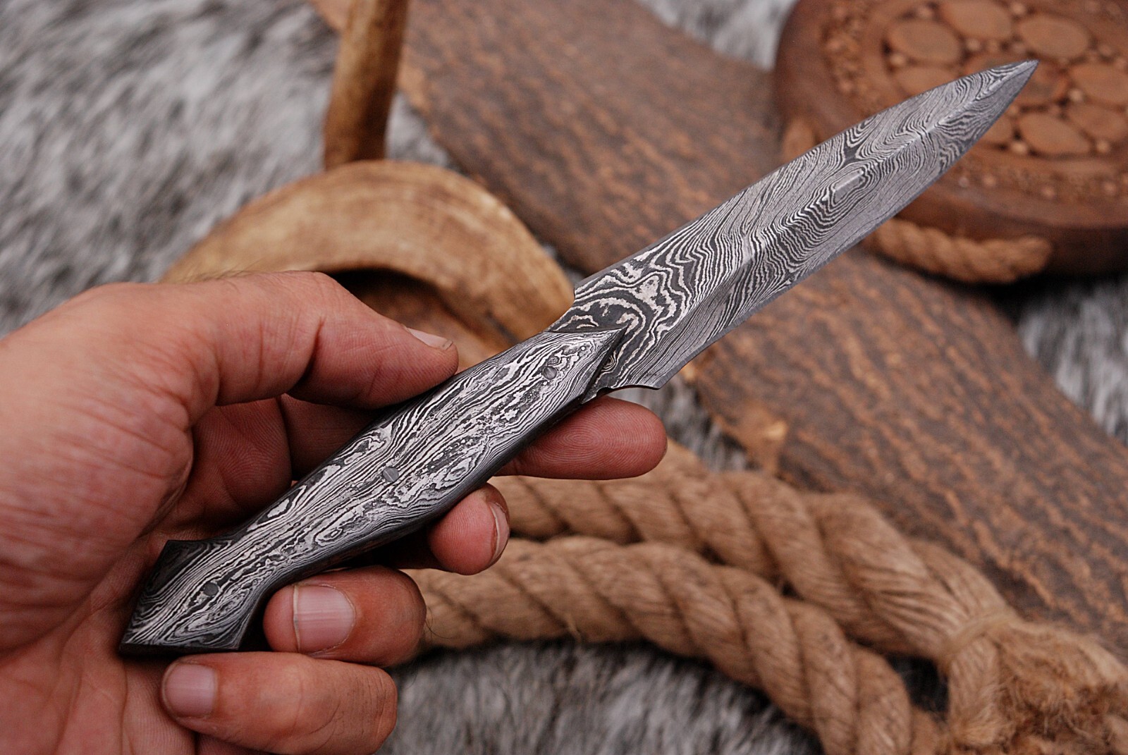 hand forged Damascus steel dirk stiletto machete knife poniard leather sheath