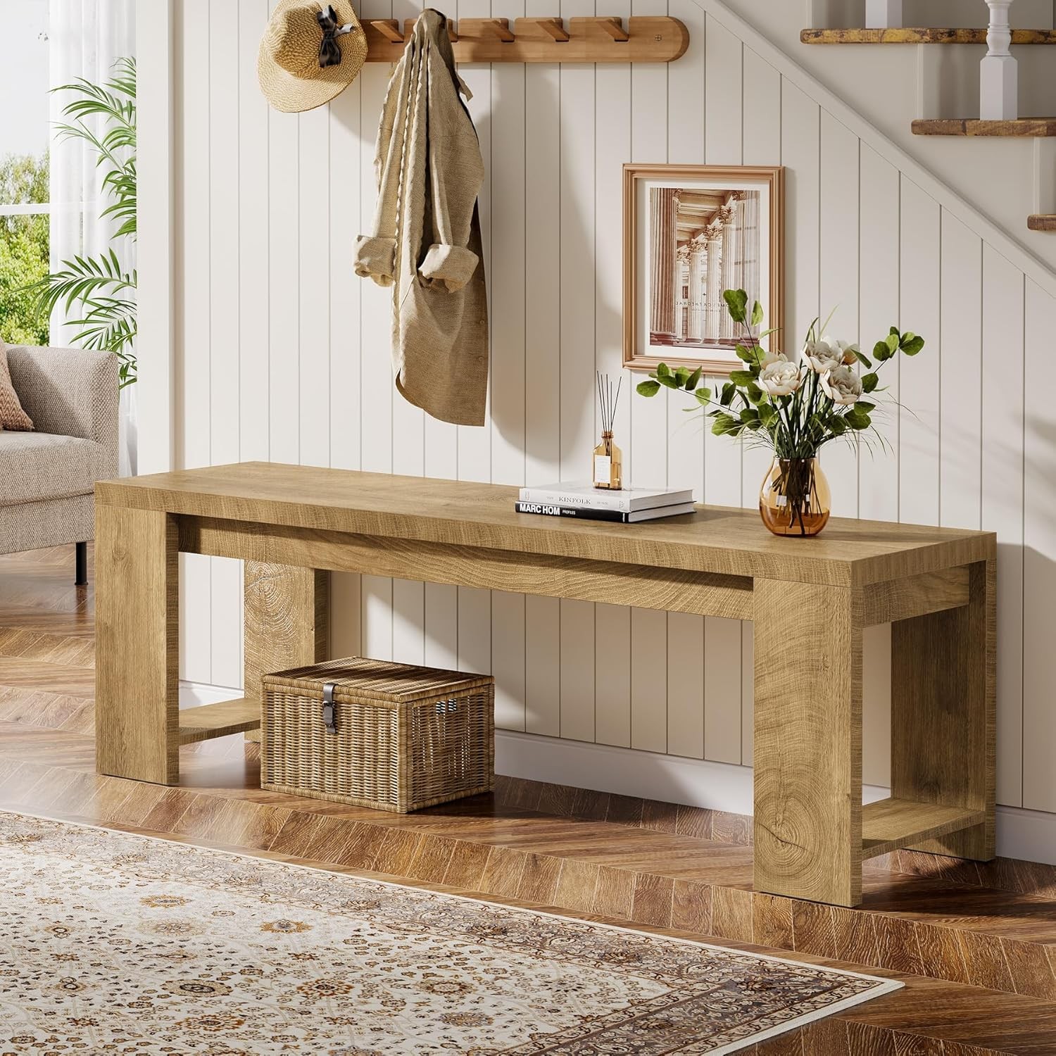 47.2-Inch Wooden Entryway Bench, Modern Farmhouse Shoe Bench for Hallway, Foyer