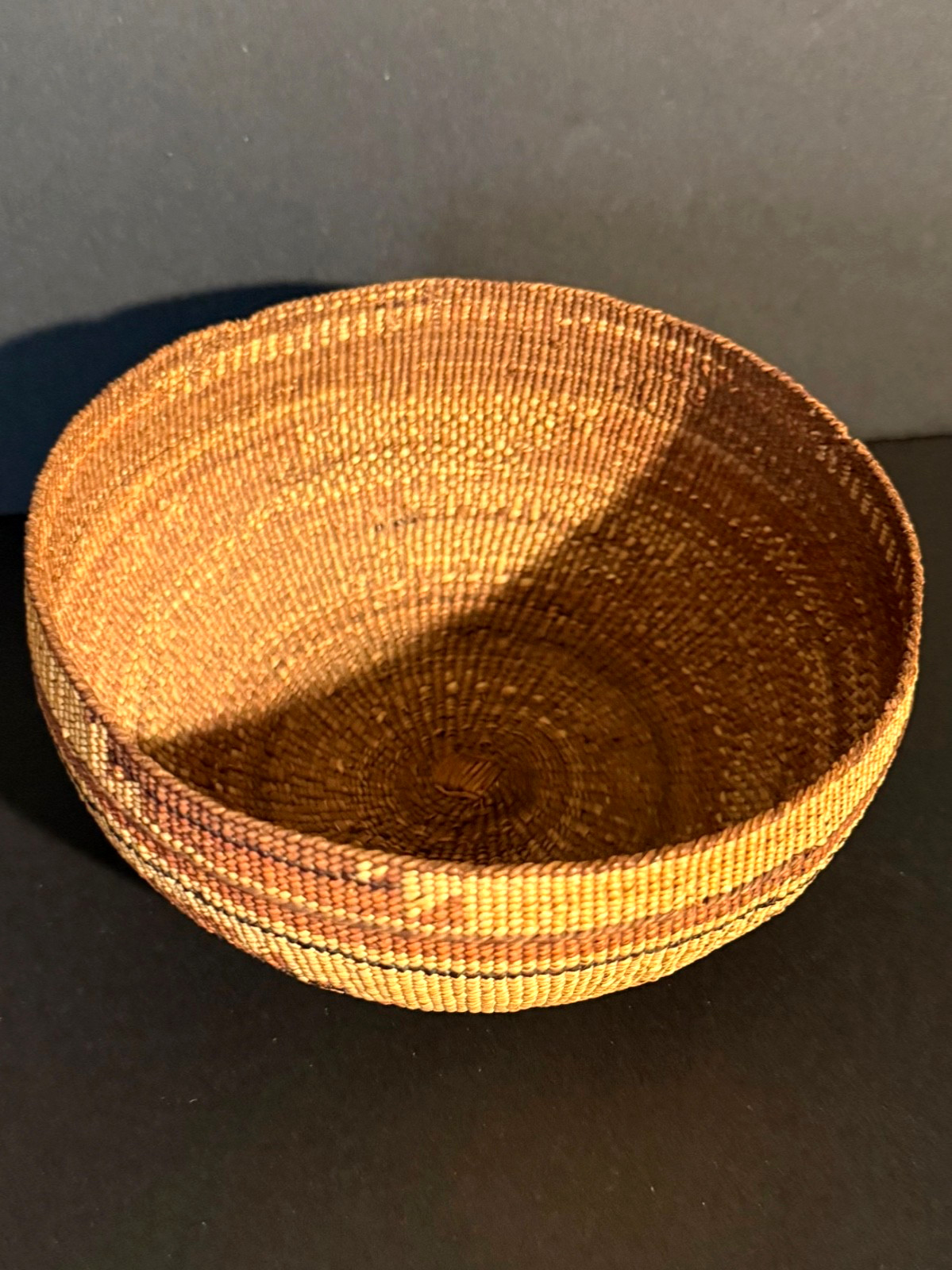 EXTRAORDINARY HUPA FANCY CAP BASKET, BEAR GRASS & FERN OVERLAY, C1890, EXCELLENT