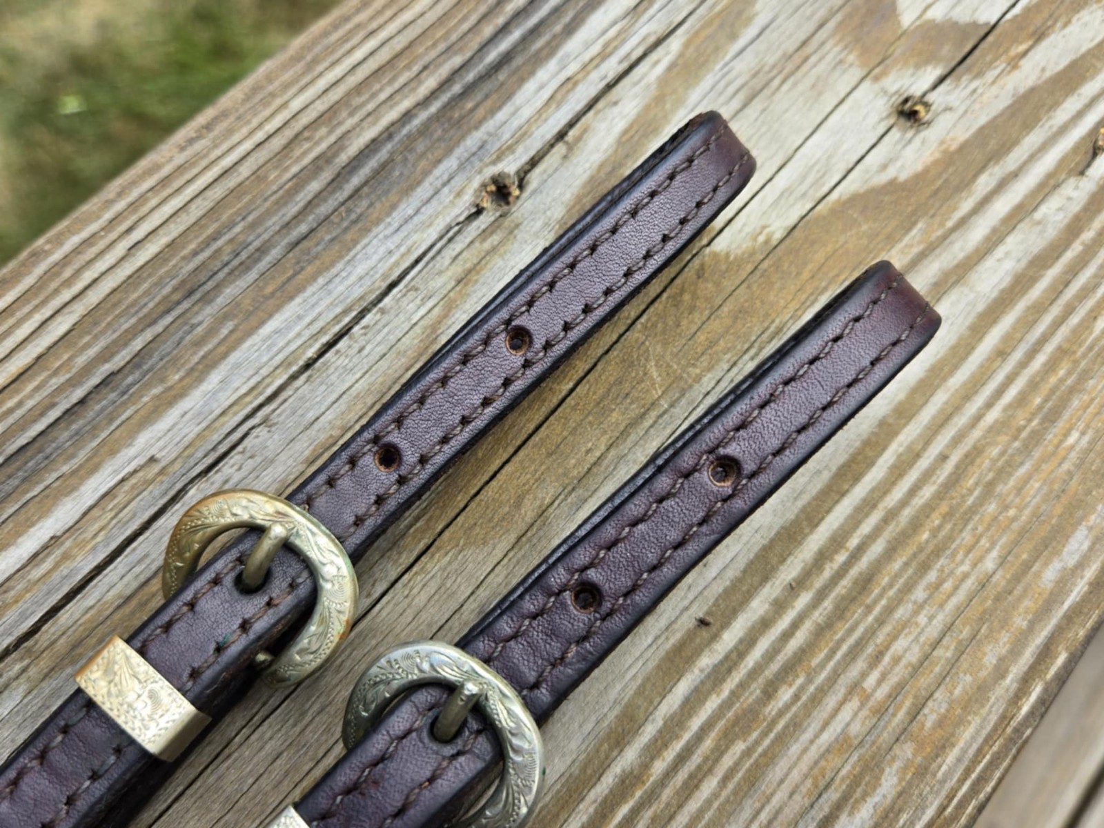 VINTAGE Doubled Stitched Brown Leather MEXICO SILVER Buckle Sets Western Hobbles