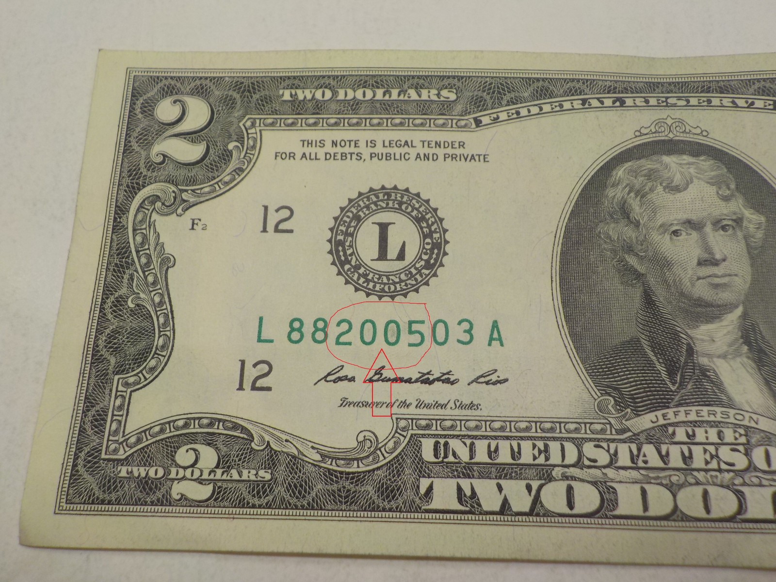 UNC $2 INK ERROR BOTH SERIAL NUMBER 0s & 8s FILLED IN L88200503A TWO DOLLAR BILL