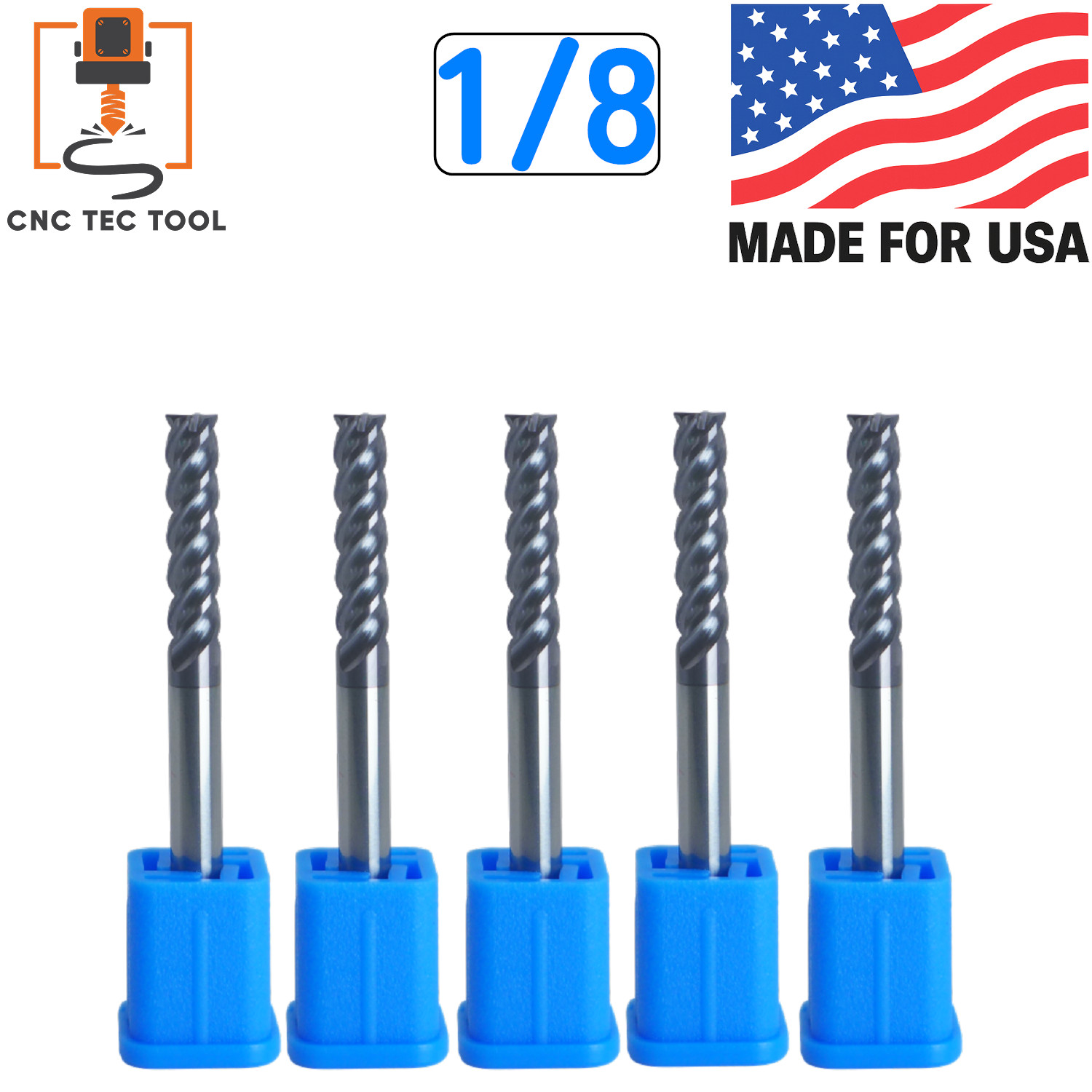 5 PCS 1/8" 4 Flutes Square 45° Helix Carbide End Mill Bits AlTiCrN Coated HRC 50