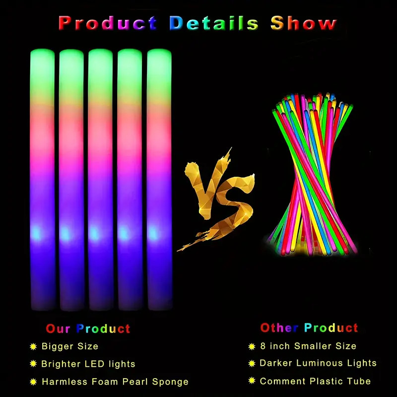 100 Pieces Luminous Foam Sticks LED Glow Foam Sticks Flashing Luminous Sticks