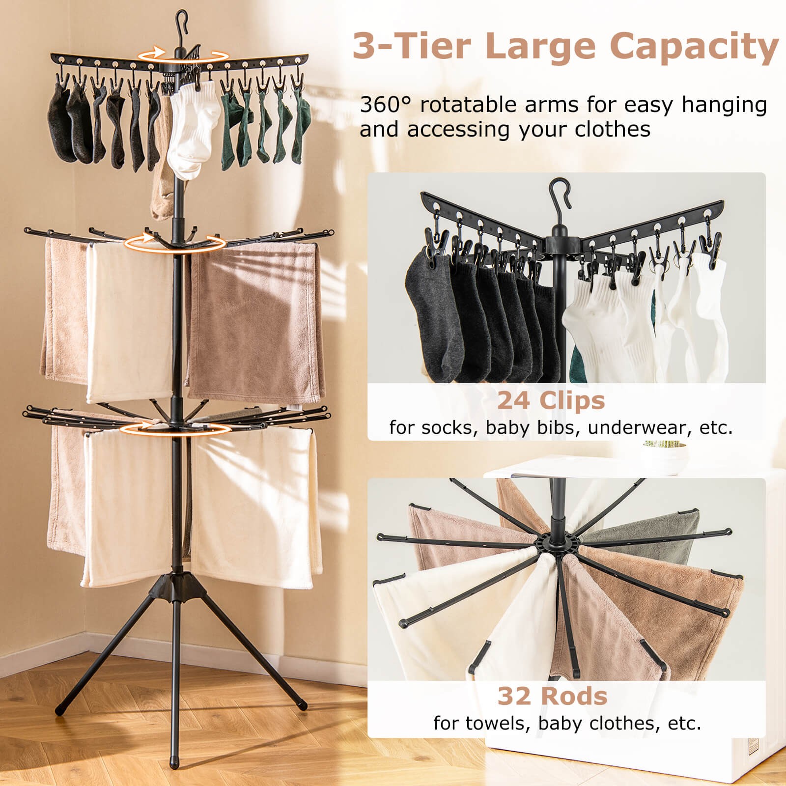 70" Folding Freestanding Tripod Laundry Drying Rack w/ 24 Clips & 32 Rods
