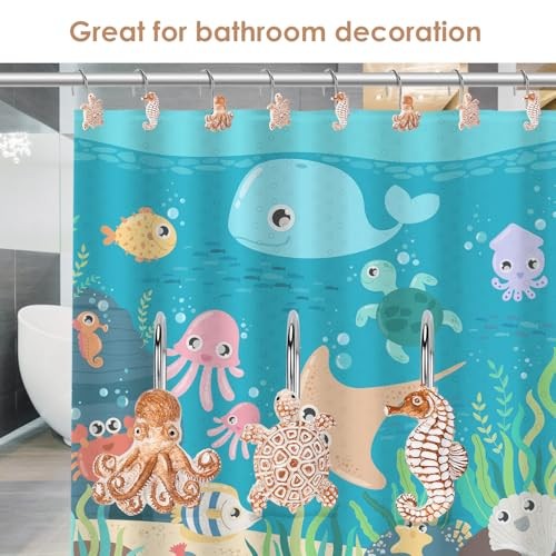 Seashell Shower Curtain Hooks, 12Pcs Decorative Anti Turtle Starfish Octopus