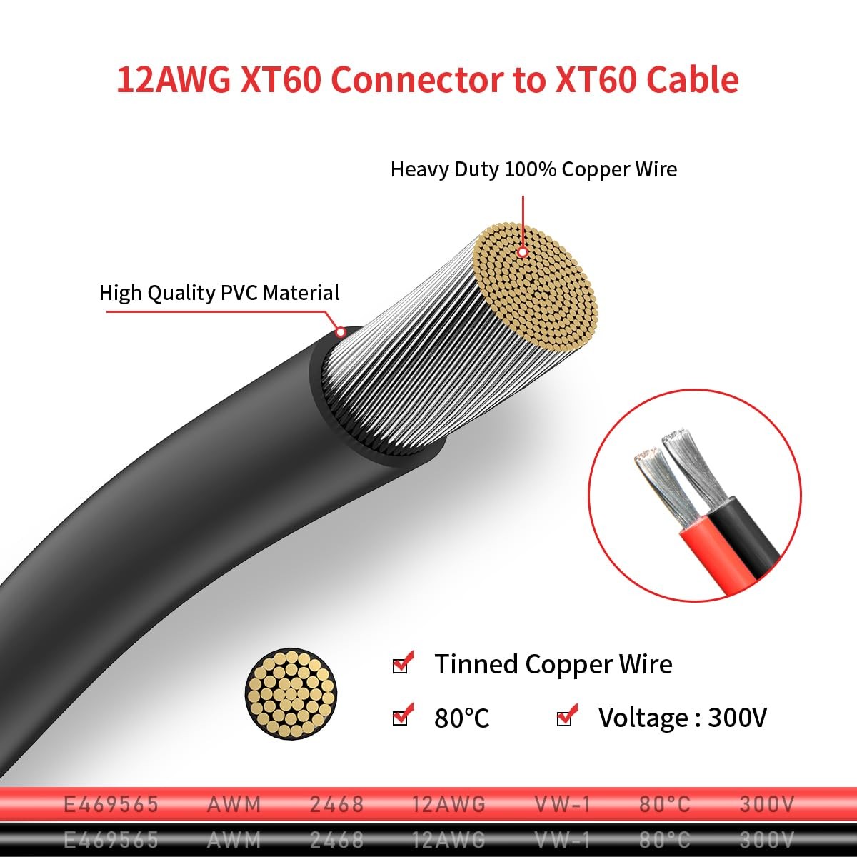 12AWG 1FT XT60 Extension Cable, Female to Male Connector for 1FT,
