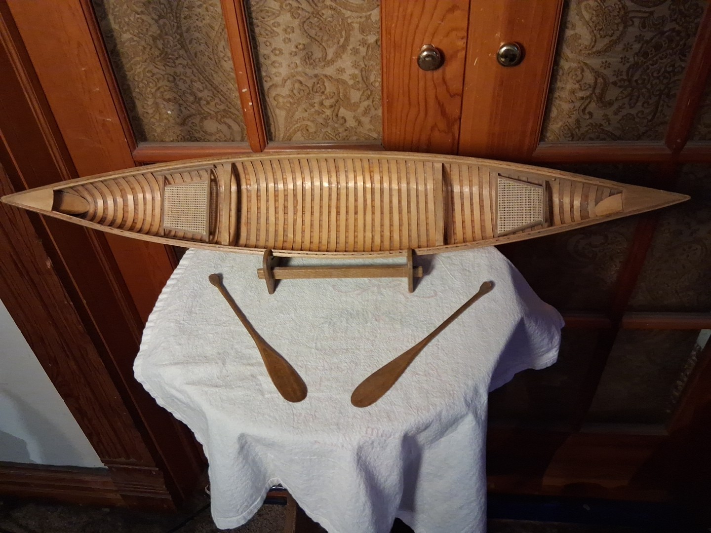 Vintage AM Wooden Large 27" Canoe Model~2 Paddles & Stand~Original Box