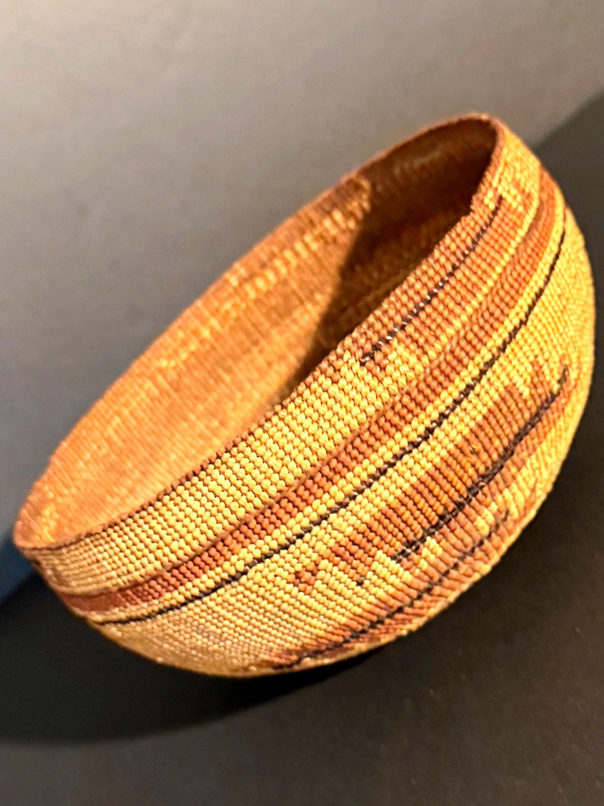 EXTRAORDINARY HUPA FANCY CAP BASKET, BEAR GRASS & FERN OVERLAY, C1890, EXCELLENT