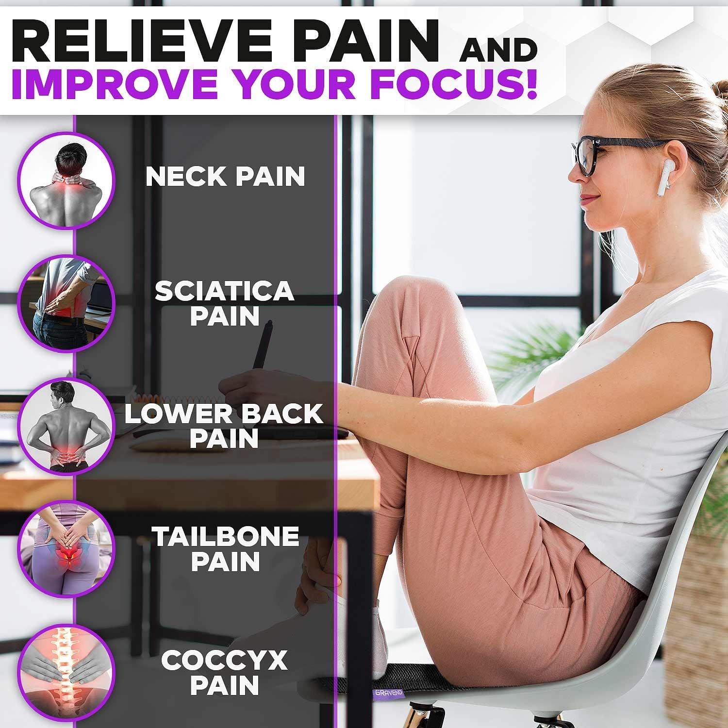 Gel Seat Cushion for Long Sitting, Ergonomic Cooling Pad, Non-Slip Cover- XLarge