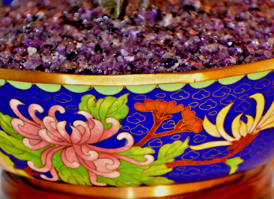 15" VINTAGE BONSAI PEKING JADE TREE IN 8" BLUE CLOISONNE BOWL W/SOLID EBONY BASE