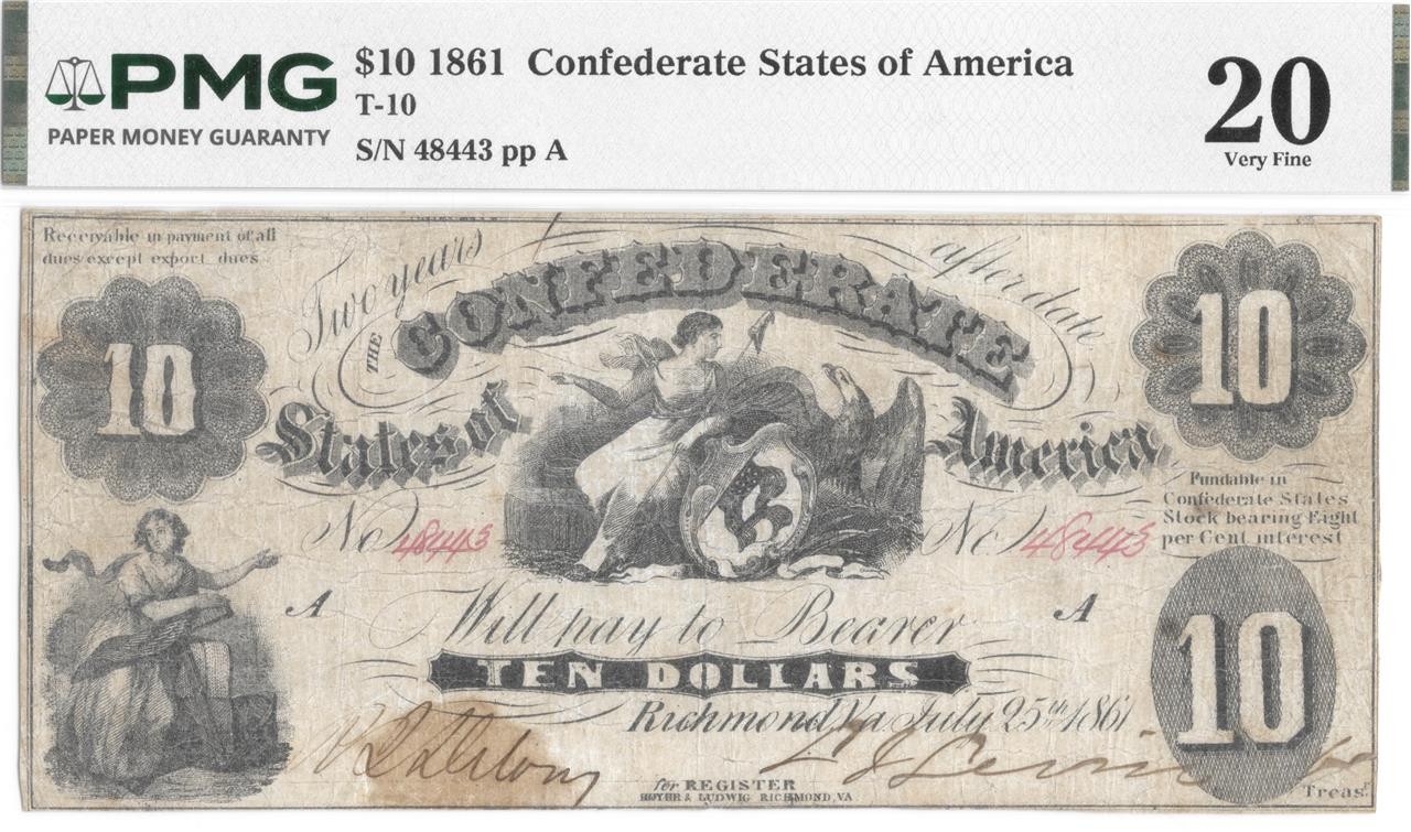 T-10 $10 Confederate 1861 PF-16 Scarce Type! PMG VF 20 Sharply Printed CSA Note