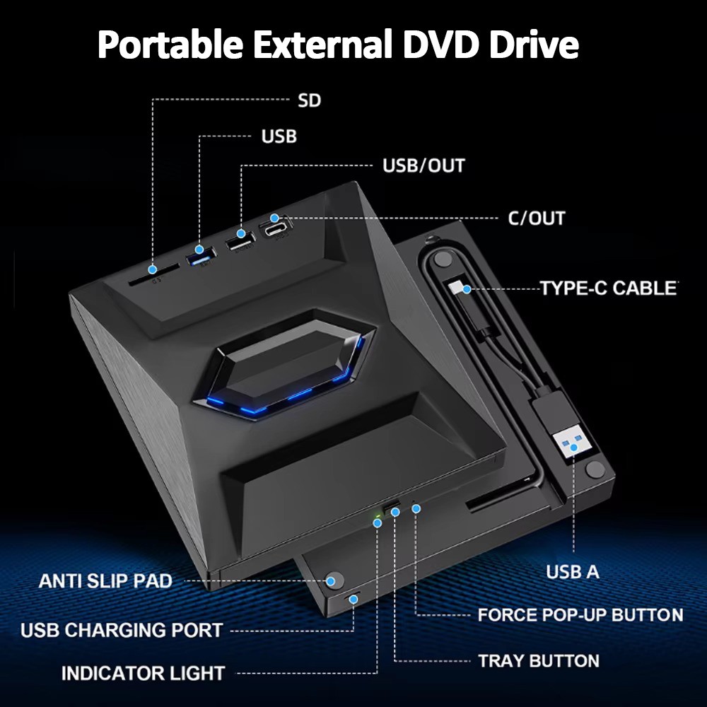 7 in 1 External CD DVD Drive USB 3.0 Writer Burner Player for PC Laptop Windows