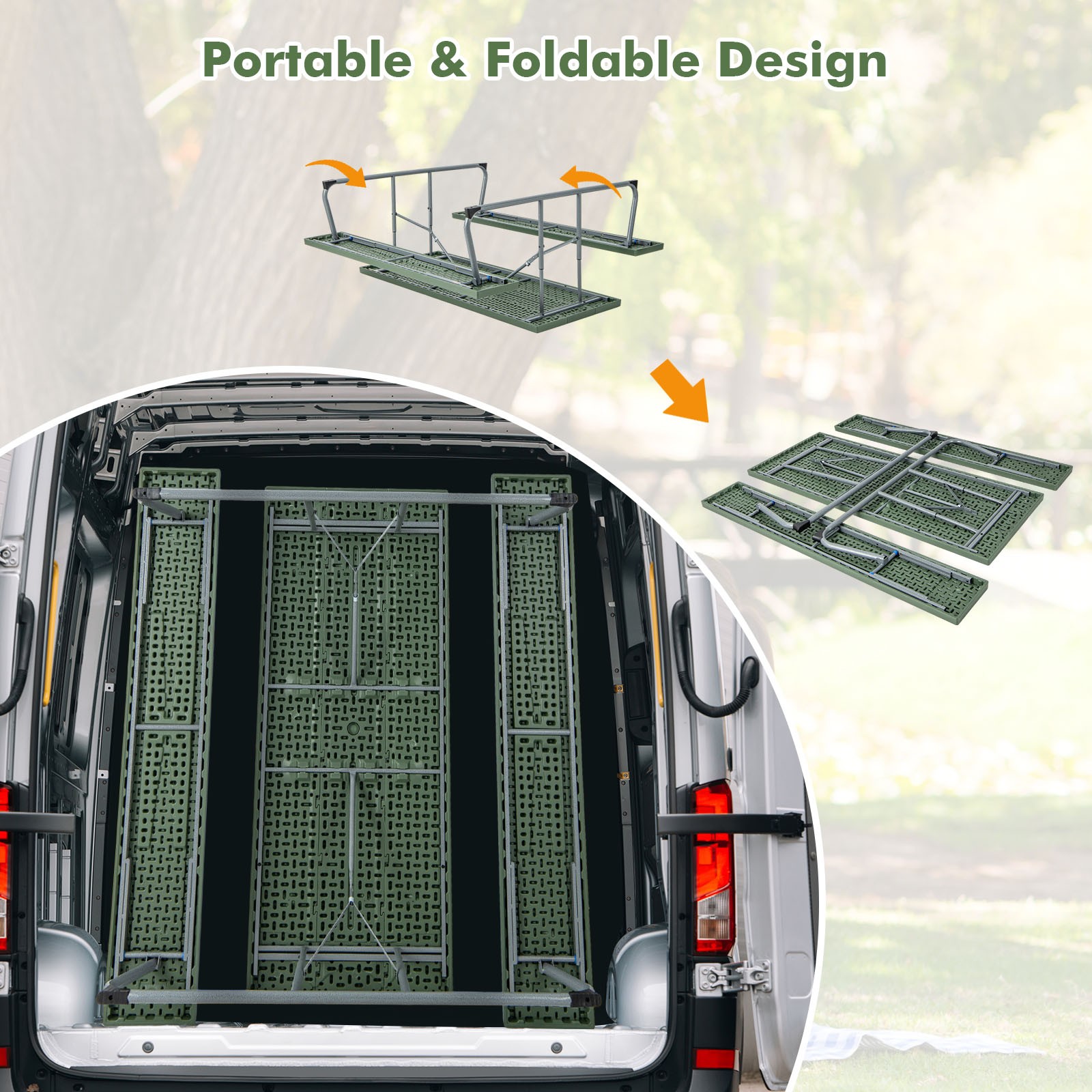 Folding Picnic Table w/ 2 Benches All Weather Wood-like Tabletop Umbrella Hole