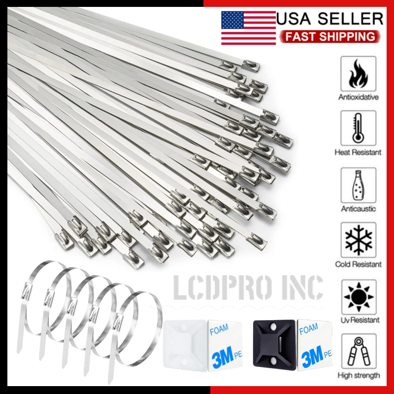 100PCS Metal Zip Ties Stainless Steel Heavy Duty Self-Locking Cable Ties Lock US