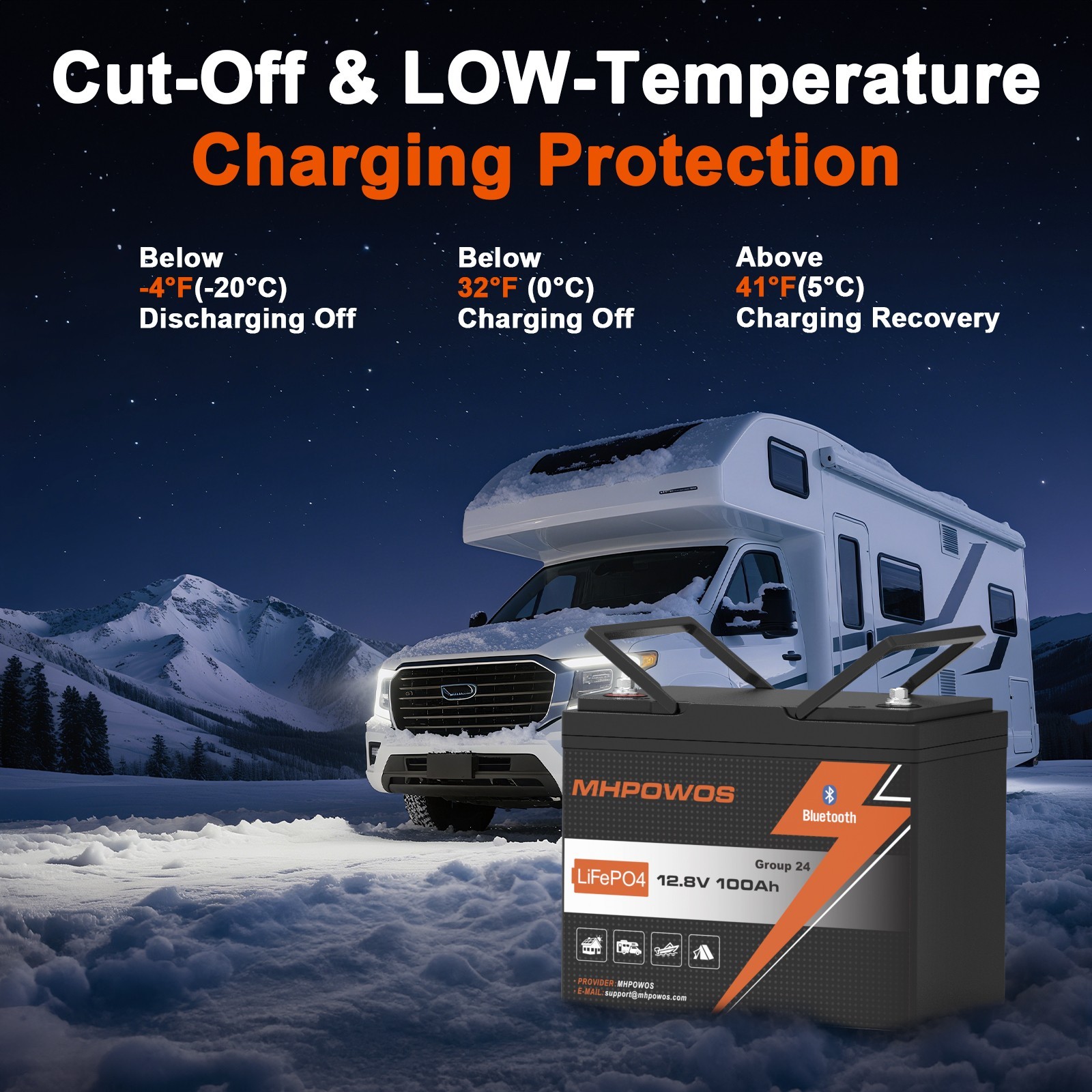 MHPOWOS 12V 100Ah LiFePO4 Lithium Battery Bluetooth 100A BMS Low Temp Protection