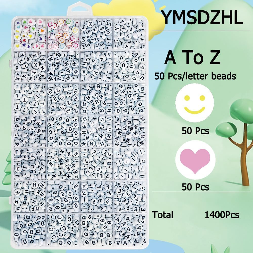 Alphabet Beads A-Z 1300+Pcs Letter Beads, Acrylic 4x7mm Round Letter Beads Kits,