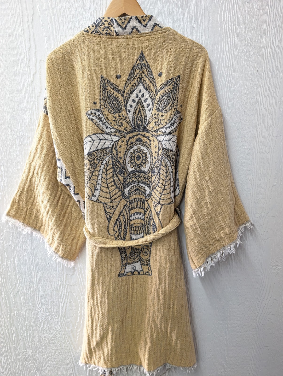 Handwoven Turkish Cotton Hammam Bathrobe Robe Cover Up Elephant Boho One Size