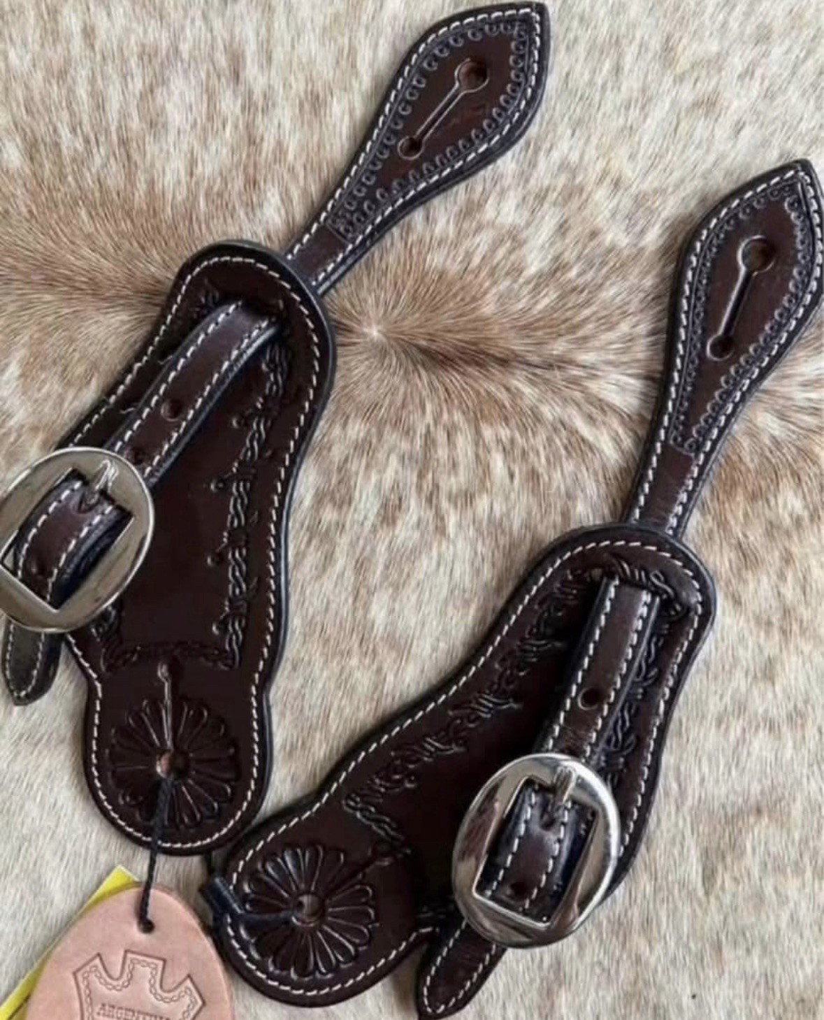 Adult Size Barbed Wire Tooled Top Grain Leather Western PAIR Spur Straps
