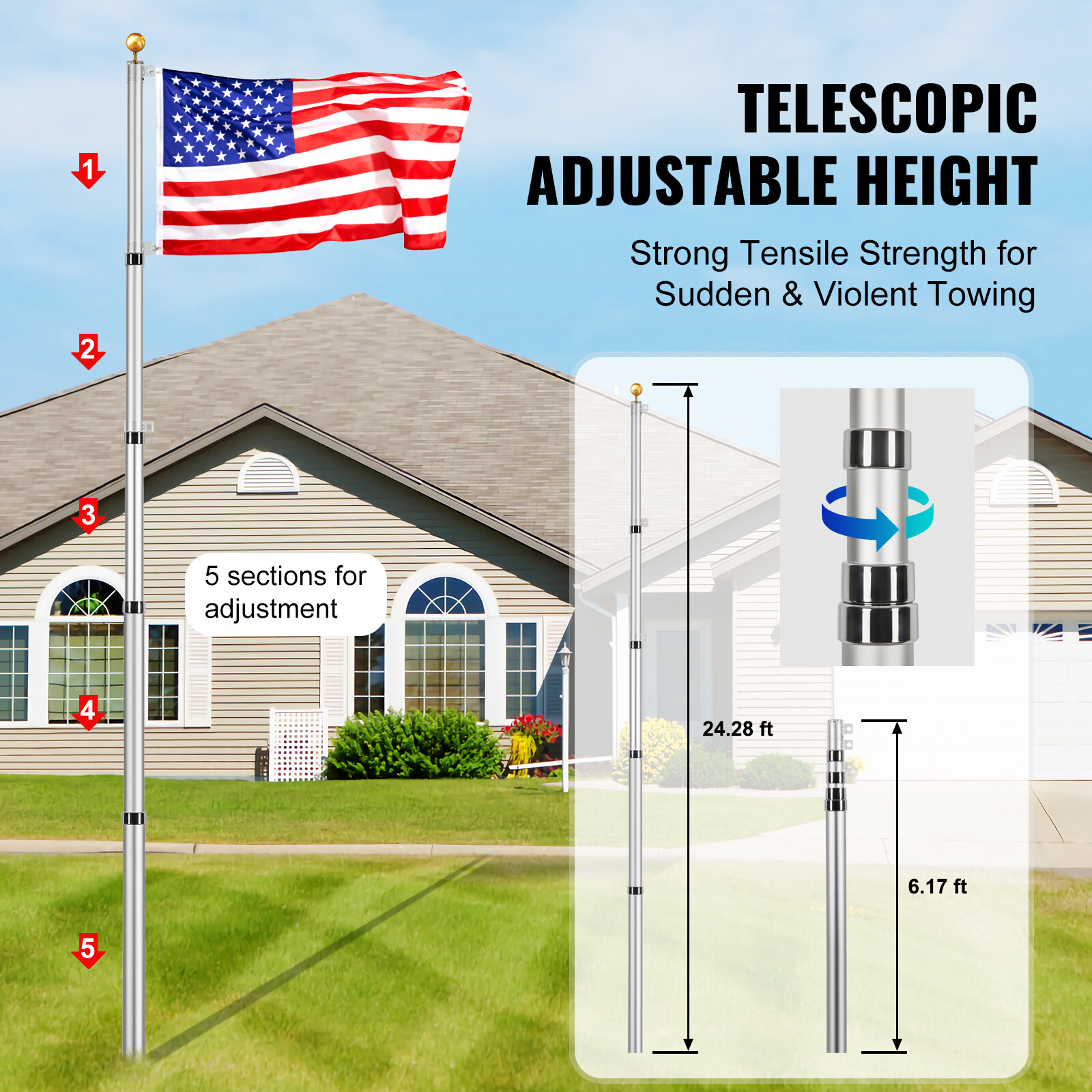 VEVOR 25FT Telescopic Flagpole Kit Heavy Duty Aluminum Flag Pole American Silver