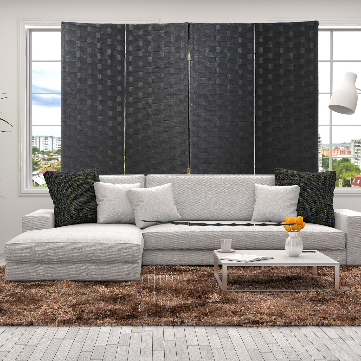 Room Divider 6FT Wood Mesh Hand-Woven Room Divider, 4-Panel Indoor Folding Black