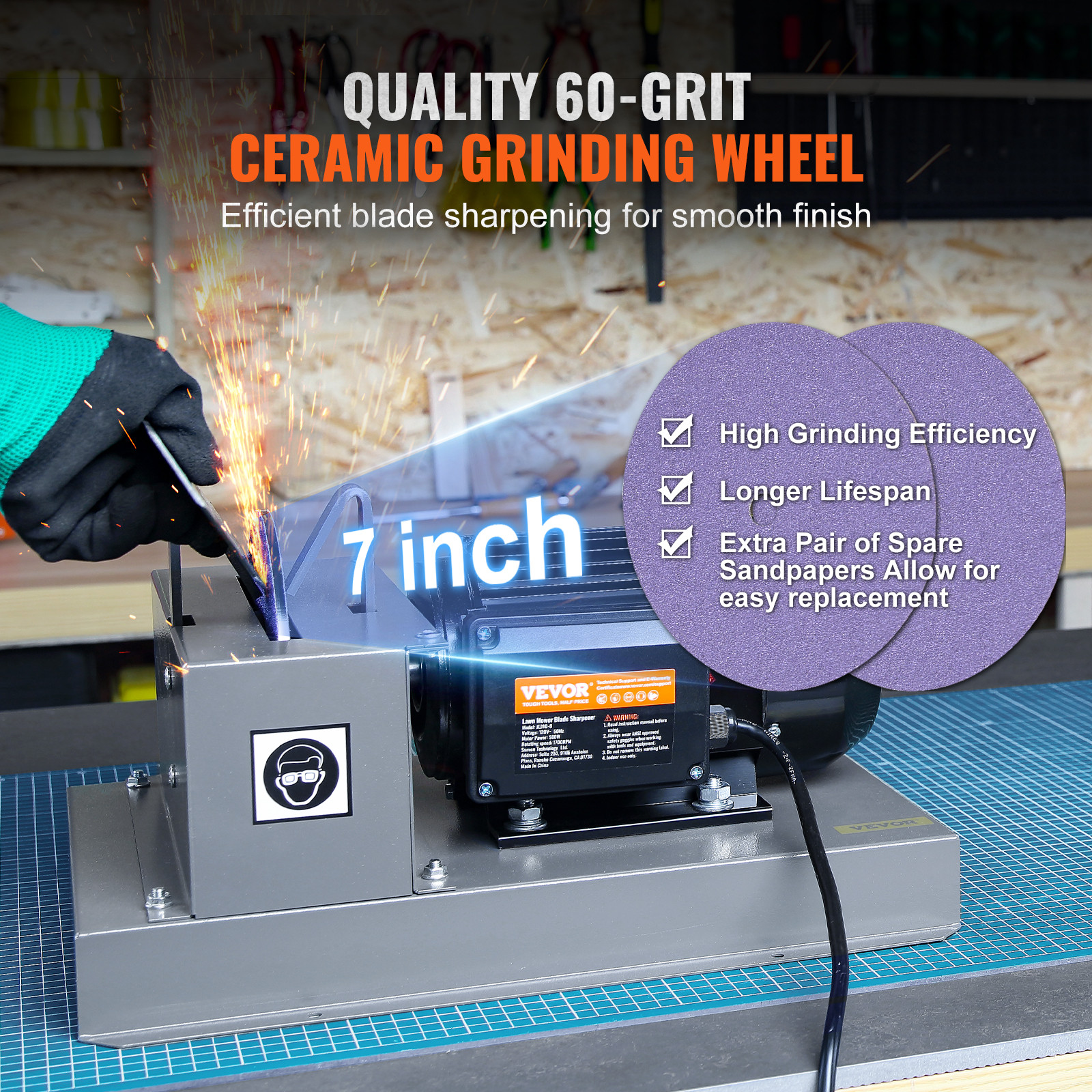 Lawn Mower Blade Sharpener 2/3HP 500W with 7-inch Ceramic Grinding Wheel