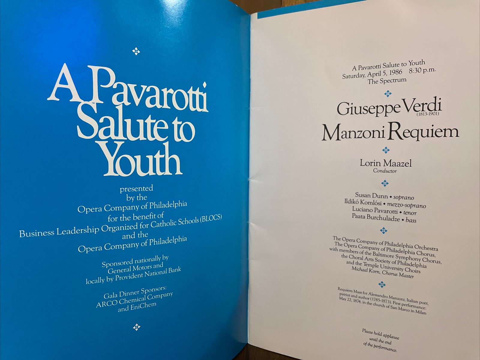Vtg A Pavarotti Salute to Youth Philadelphia Opera Program Verdi Requiem 1986