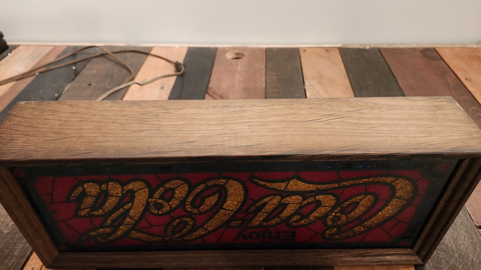 Coca Cola Stained Glass Light Box Sign, Wood Frame, Works. Lighted Sign