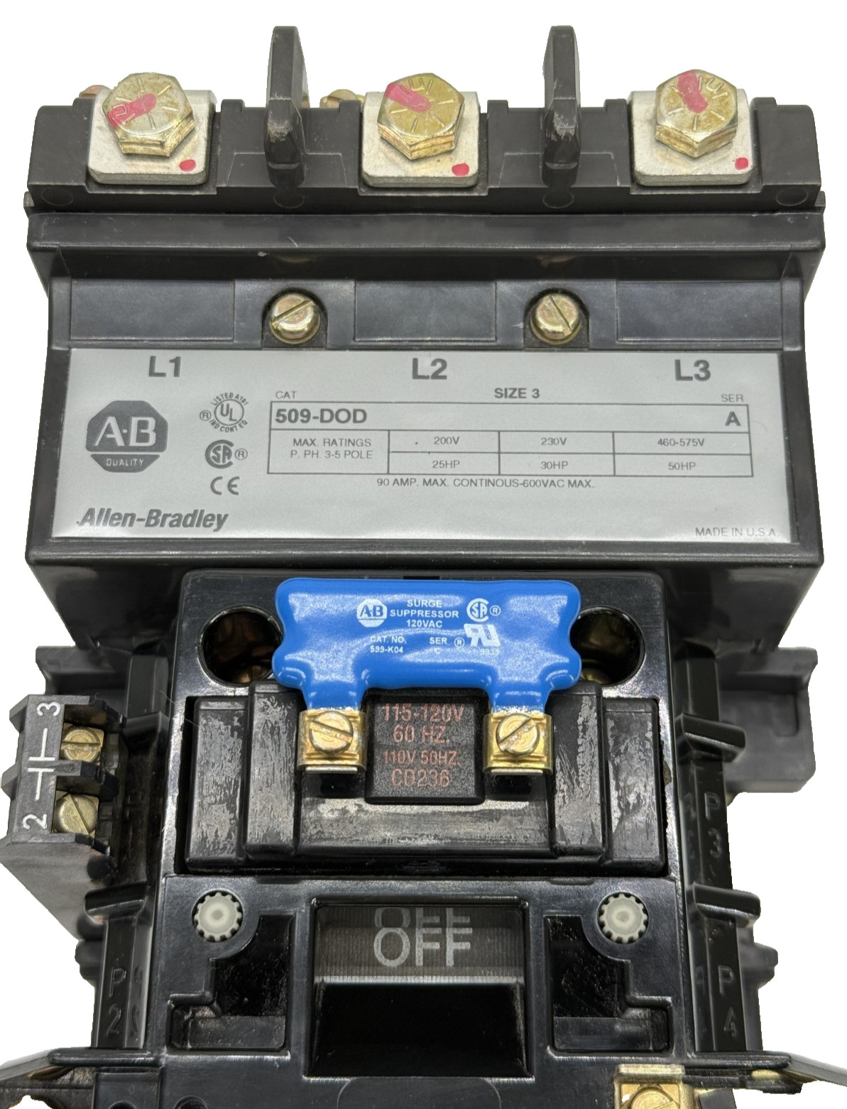 Allen Bradley 509-DOD /A Size 3 Motor Starter 120V Coil 90A 50HP