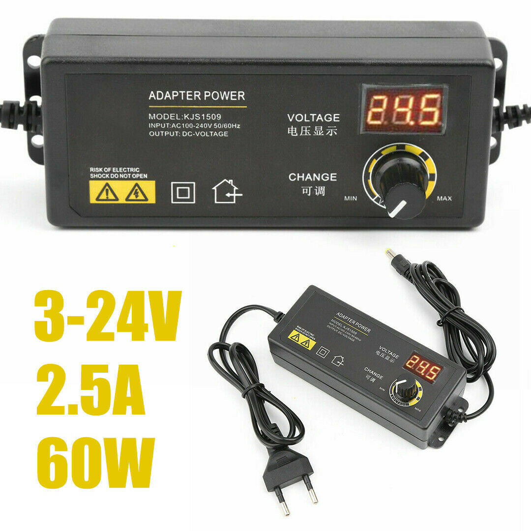 3V-24V 2.5A 60W Adjustable DC Power Supply Adapter Control Volt Display 8 Plugs