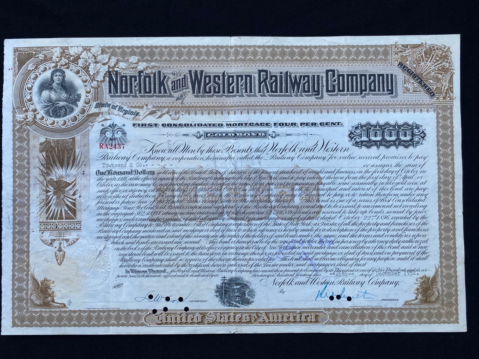 GORGEOUS NORFOLK AND WESTERN RAILWAY CO. $1000 BOND circa 1920-50's in nice VF!