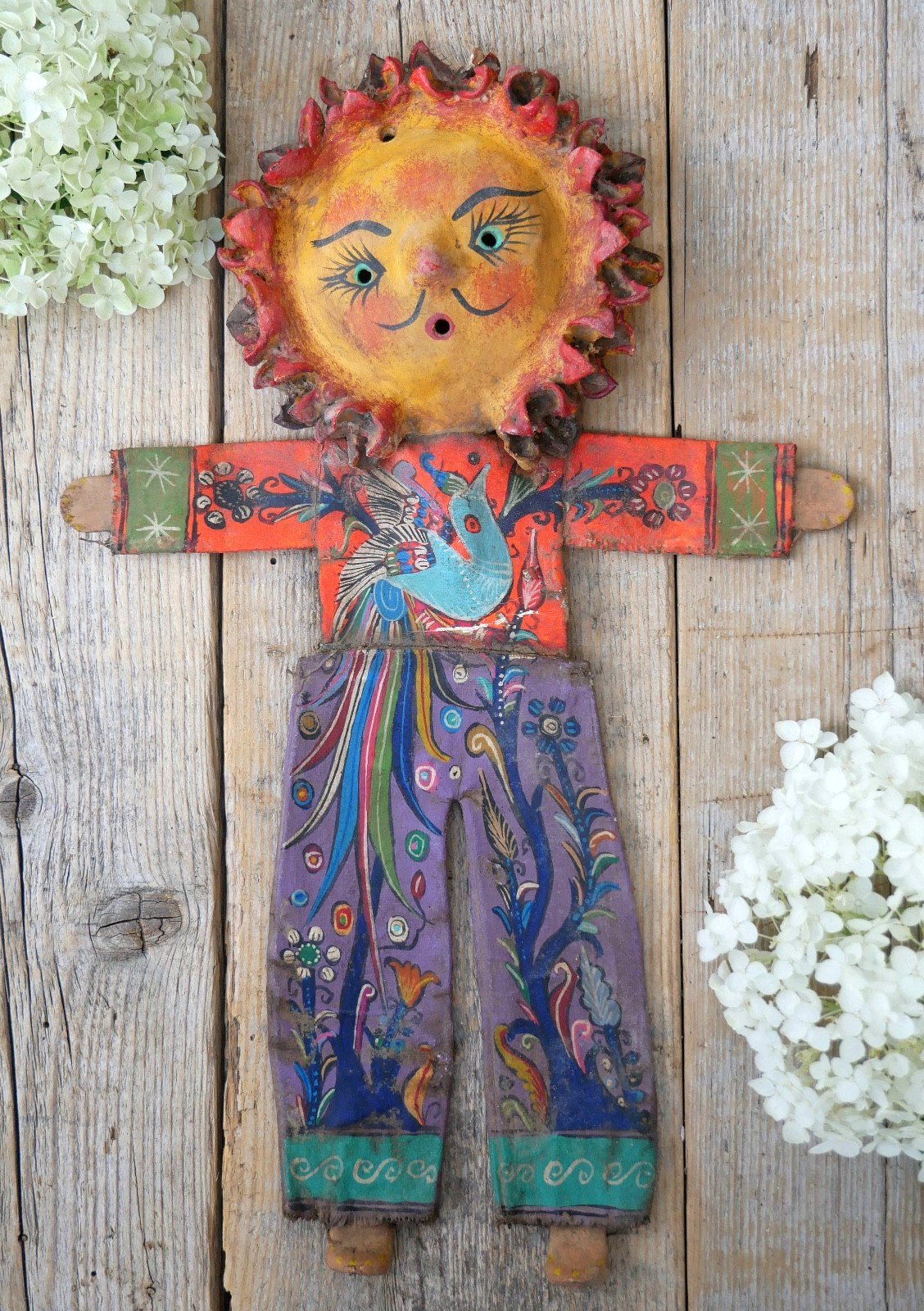 Sun Face Man Bird of Paradise Handmade Canvas & Coconut Guerrero Mexico Folk Art