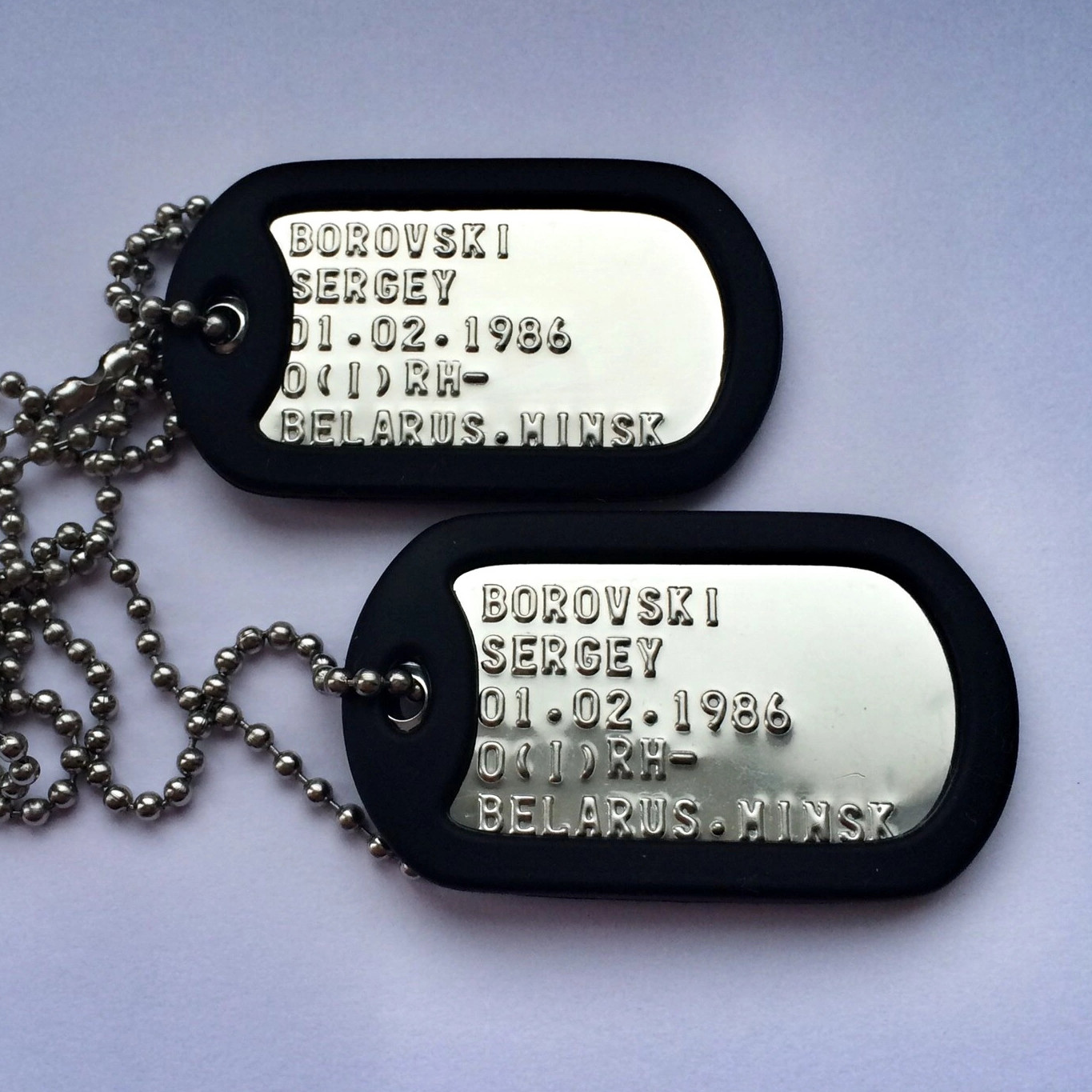 Custom Dog Tags set with embossed text, Military ID Tags