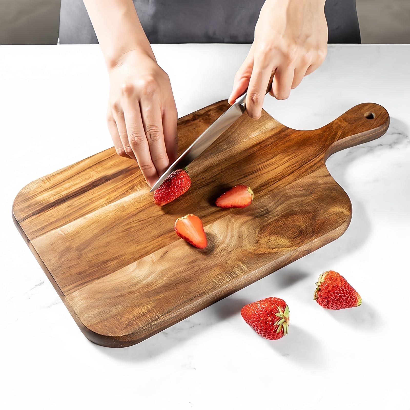 Acacia Wood Cutting Board with Handle - 14 x 7in, Wooden Chopping Board for M...