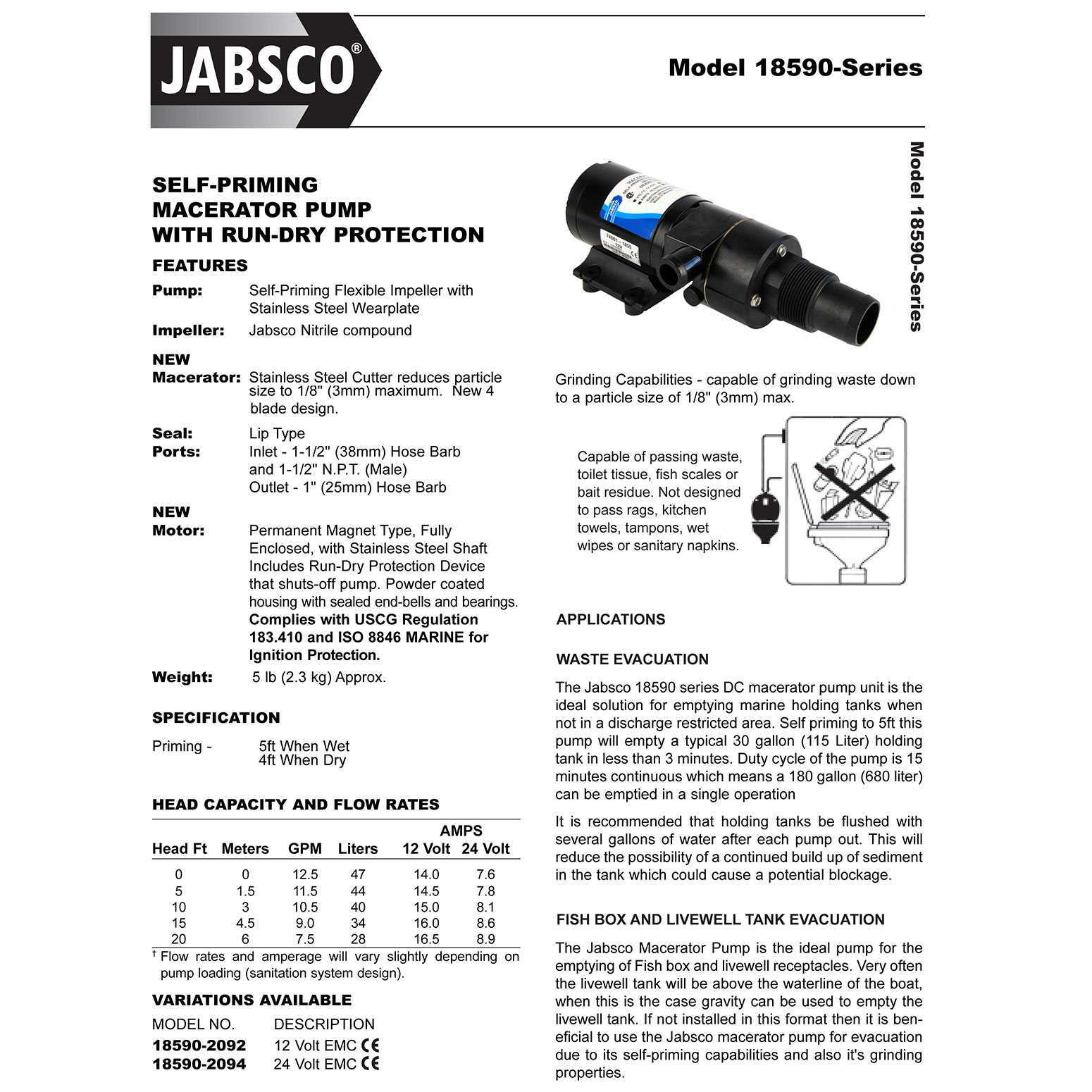 Jabsco 18590-2092 Macerator Waste Pump 12V DC Marine Self-Priming 1-1/2" 1"