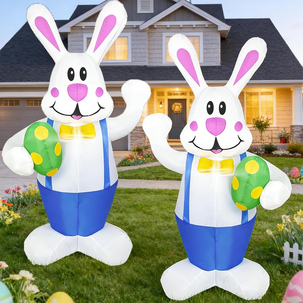 2PCS 6FT Easter inflatables Bunny Outdoor Decorations LED Lighted Blow Up Rabbit