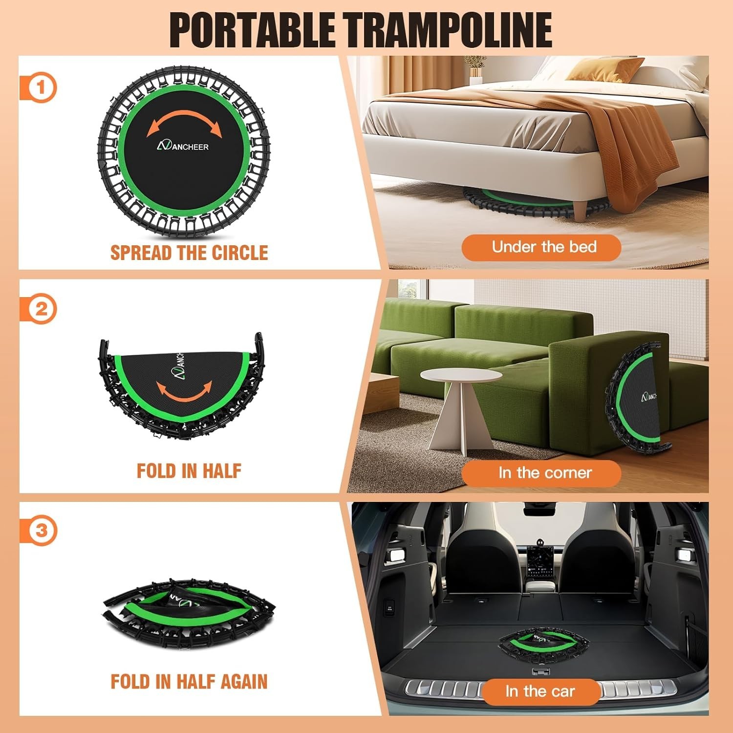 40" Foldable Mini Trampoline with Bungees, Fitness Trampoline Max Load 450lbs US