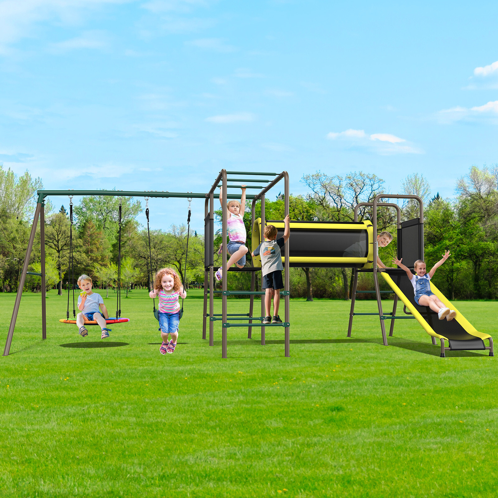 Metal Swing Set Playground Set with 2 Swing, Monkey Bar, Climbing Ladder & Slide