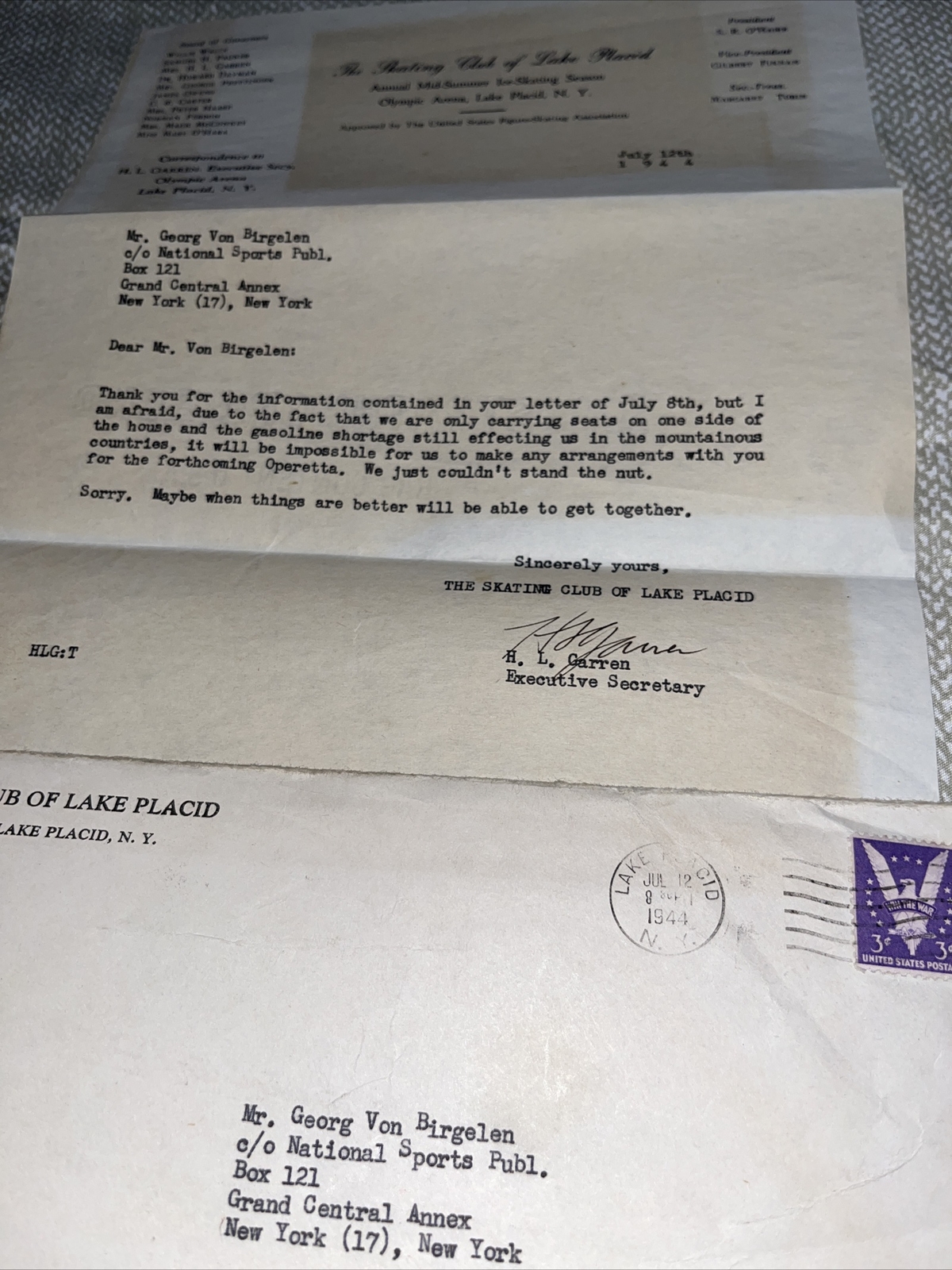 Vintage Rejection Letter to Ice Skating Champ from Skating Club of Lake Placid