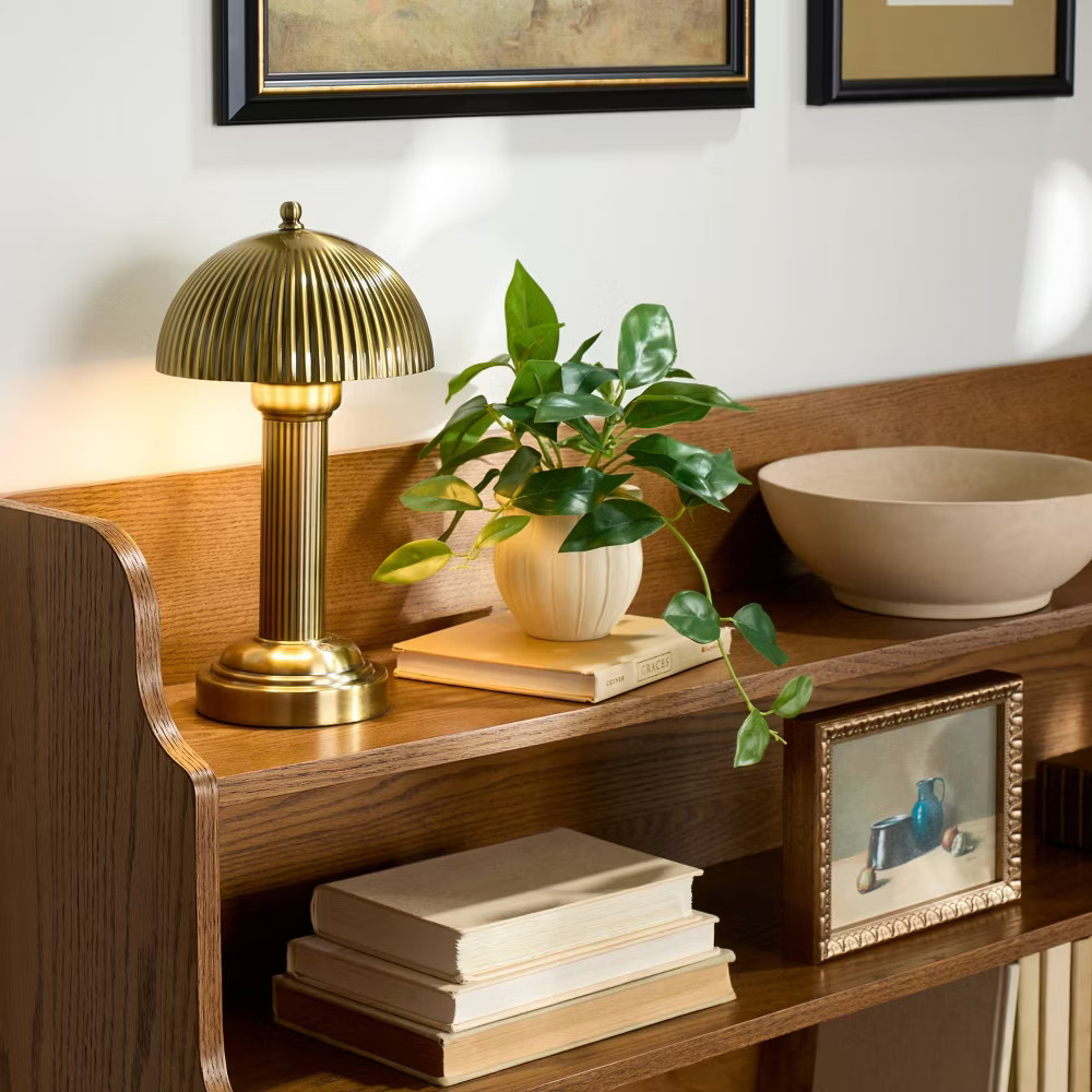 11.5" Fluted Metal Rechargeable Library Table Lamp Brass (Includes LED