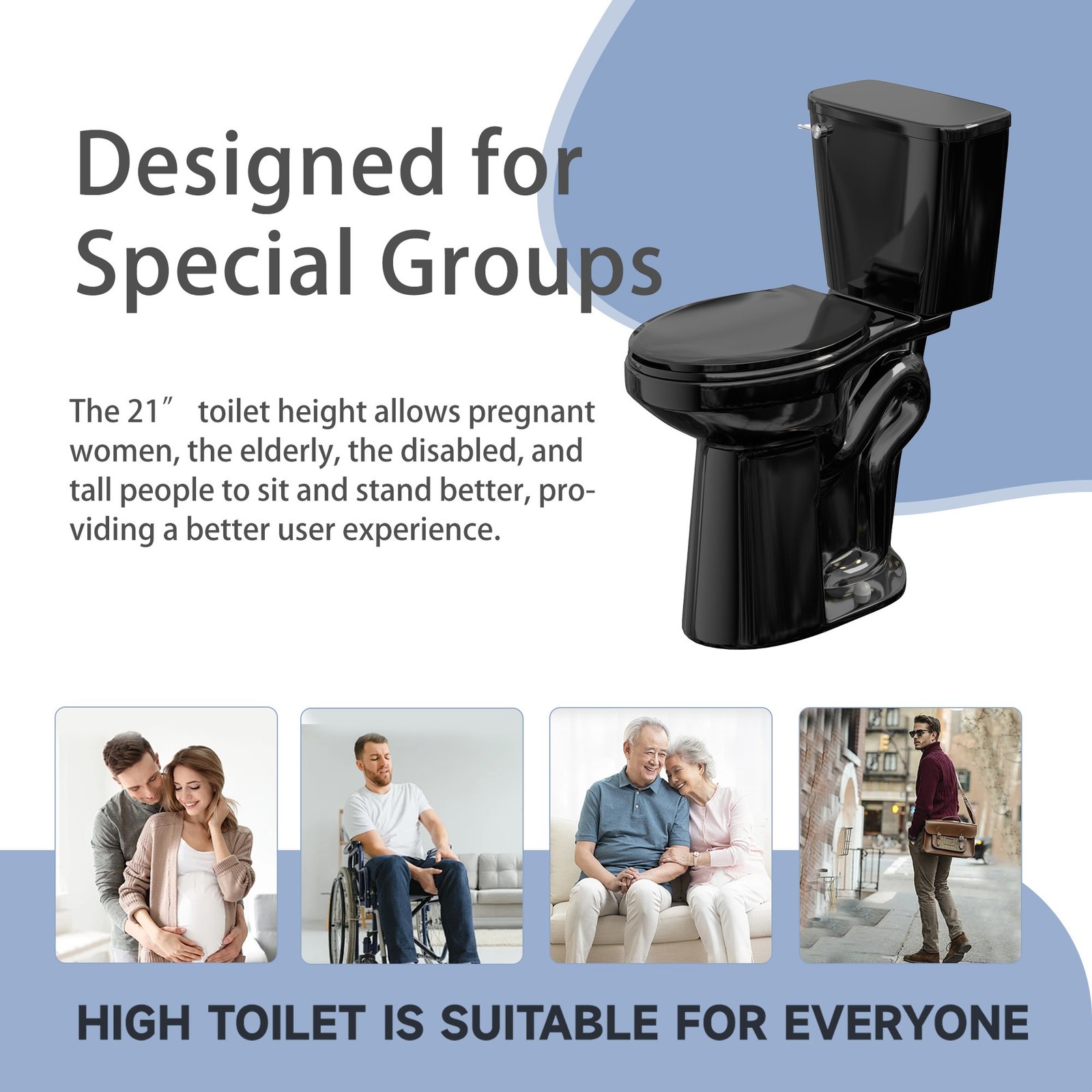 Elongated Two Piece Toilet with 21'' Height Seat Single Flush 1.28 GPF Black