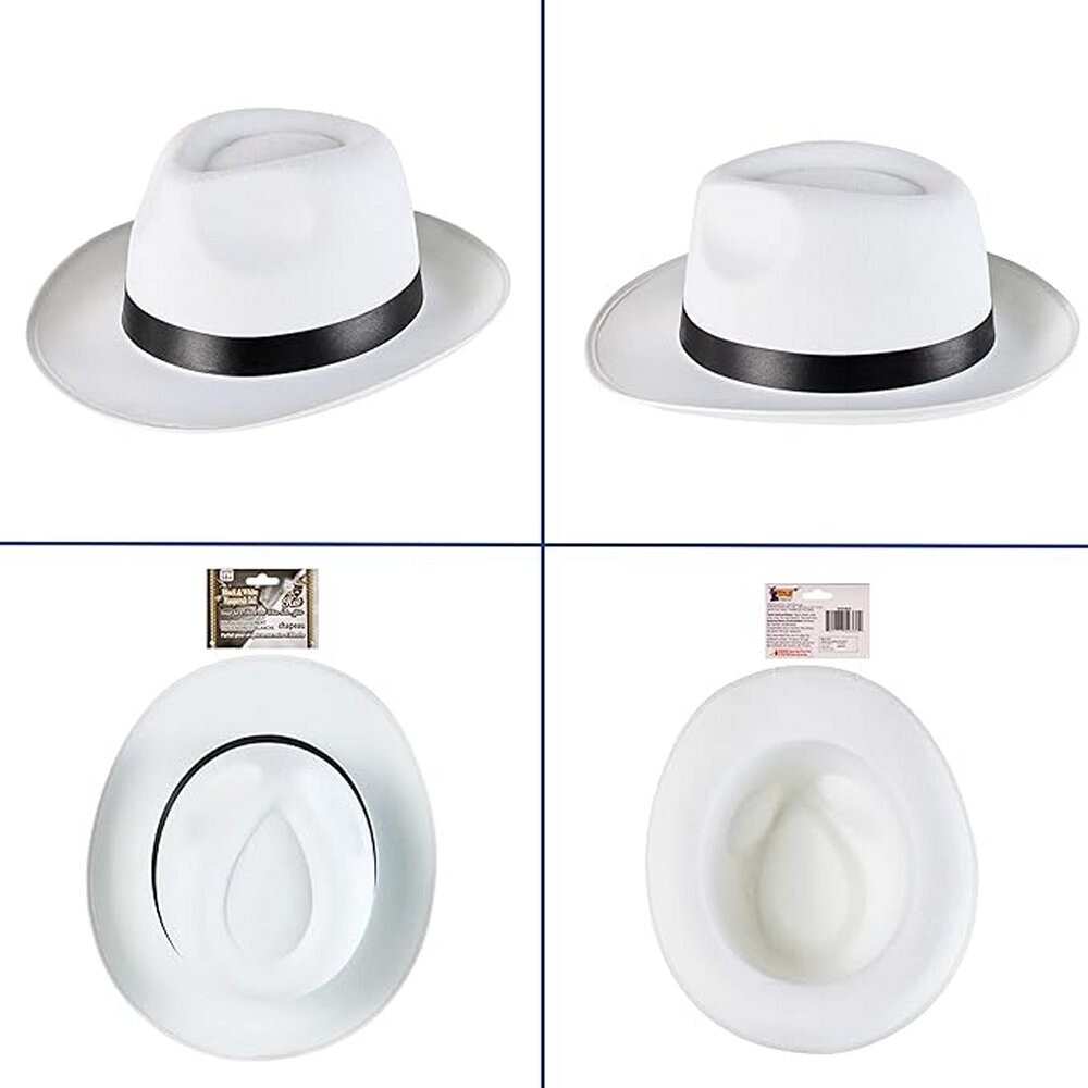 WHITE GANGSTER HAT Costume Fedora Black Band Men Women 20s 30s 40s Trilby Panama