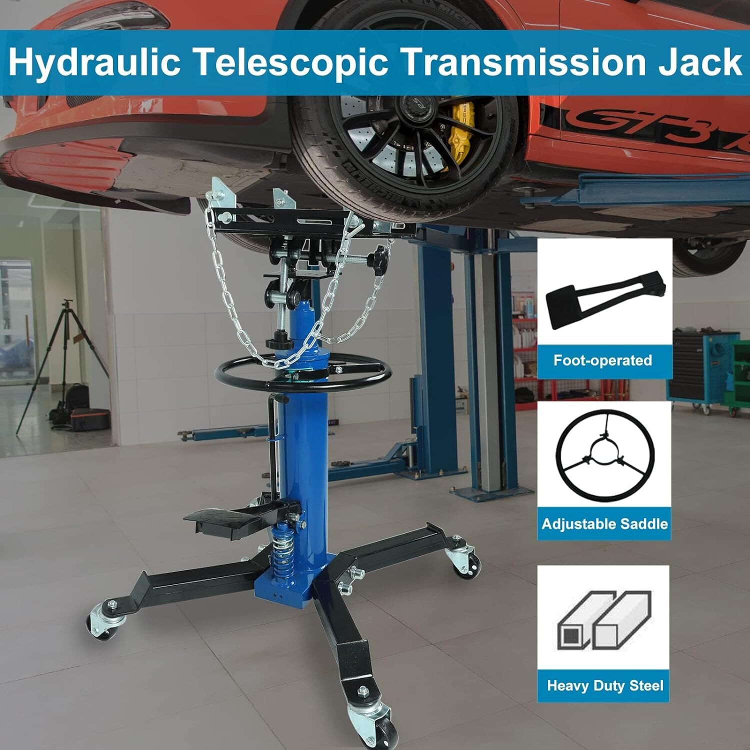 2 Stage Transmission Jack,2 Stage Hydraulic 1660lbs, 360° Swivel Wheel